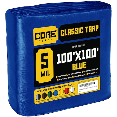 Core Tarps Tarp, 100 ft L x 0.5 mm H x 100 ft W, 5 Mil, Blue, Polyethylene CT-505-100X100